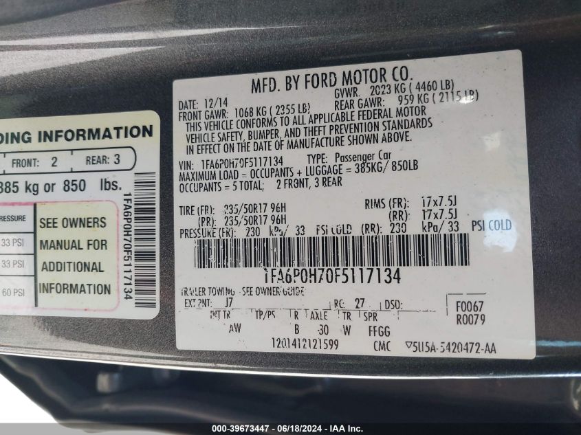 2015 FORD FUSION SE - 1FA6P0H70F5117134