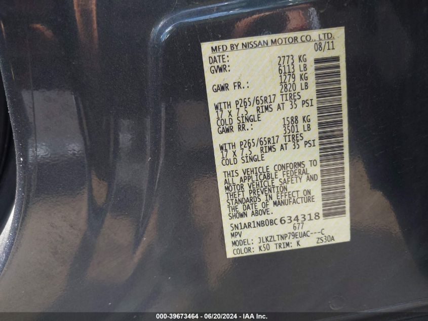 2011 Nissan Pathfinder Sv VIN: 5N1AR1NB0BC634318 Lot: 39673464