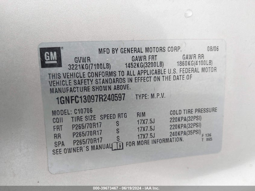 2007 Chevrolet Tahoe Ls VIN: 1GNFC13097R240597 Lot: 39673467
