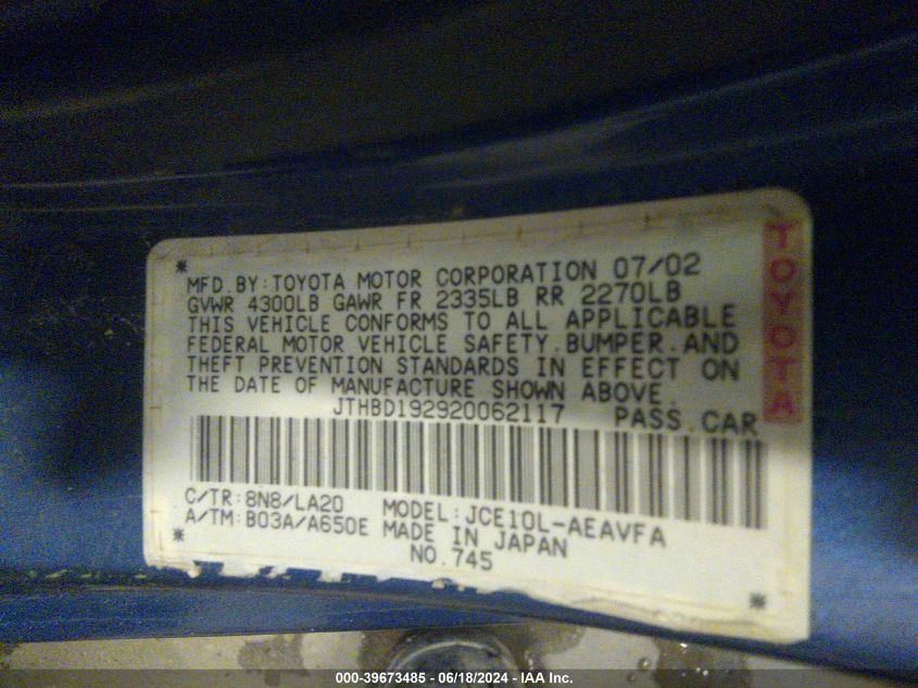 2002 Lexus Is 300 VIN: JTHBD192920062117 Lot: 39673485