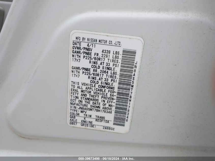 2011 Nissan Rogue Sv VIN: JN8AS5MT7BW178346 Lot: 39673498