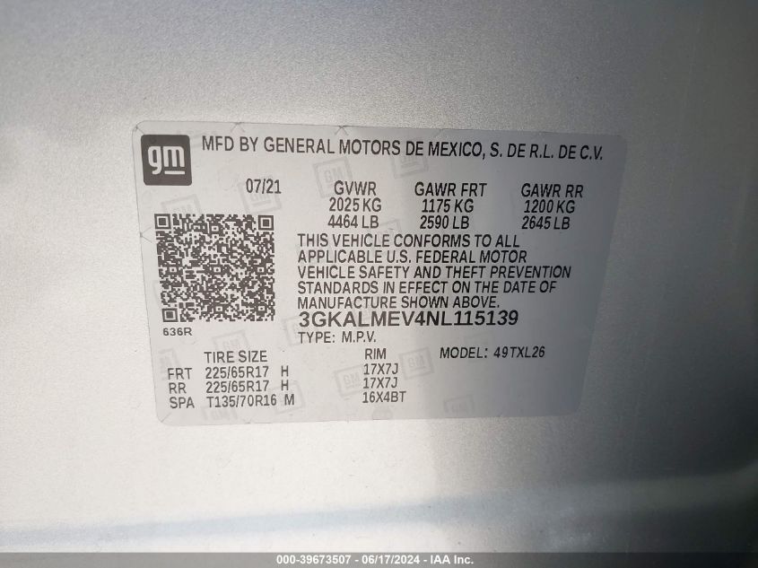 2022 GMC Terrain Fwd Sle VIN: 3GKALMEV4NL115139 Lot: 39673507