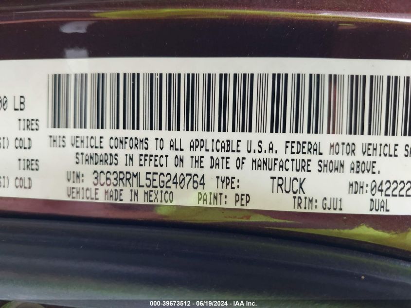 2014 Ram 3500 Laramie VIN: 3C63RRML5EG240764 Lot: 39673512