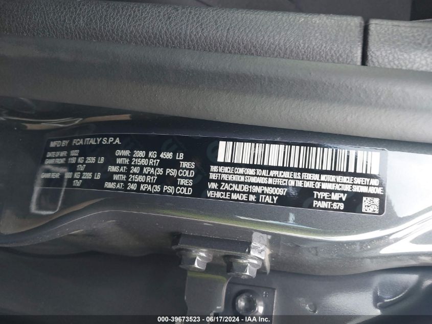 2022 Jeep Renegade Latitude 4X4 VIN: ZACNJDB19NPN90097 Lot: 39673523