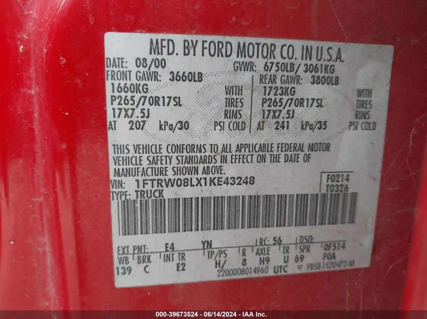 2001 Ford F-150 King Ranch Edition/Lariat/Xlt VIN: 1FTRW08LX1KE43248 Lot: 39673524