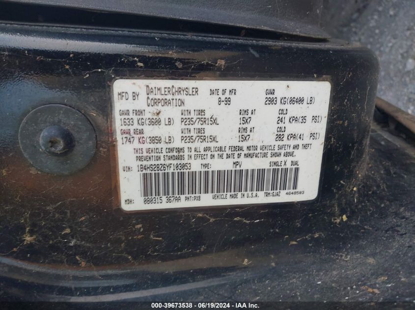 2000 Dodge Durango VIN: 1B4HS28Z6YF103053 Lot: 39673538