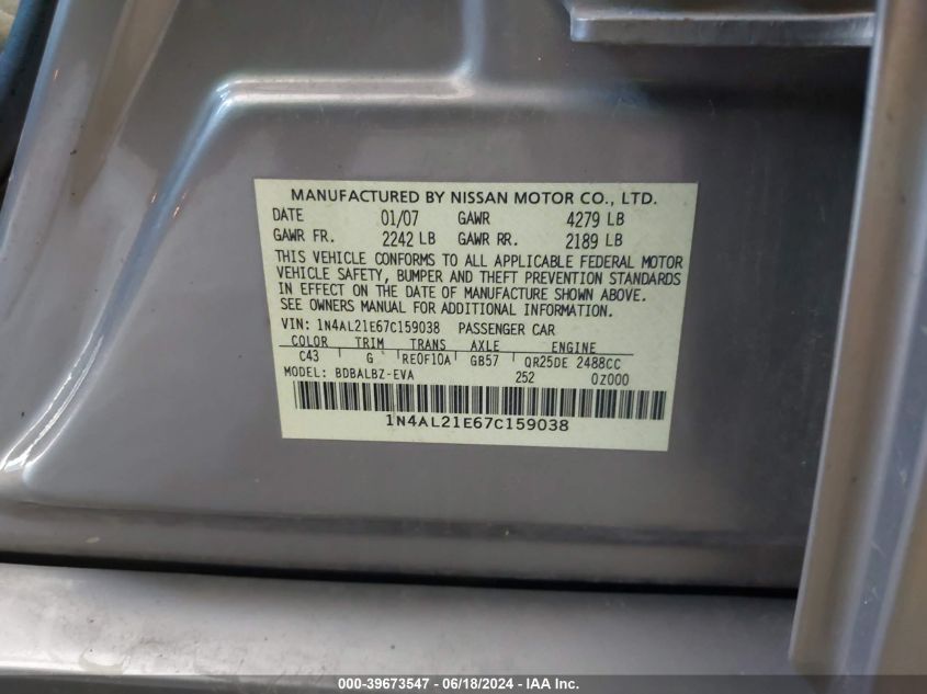 2007 Nissan Altima 2.5 S VIN: 1N4AL21E67C159038 Lot: 39673547
