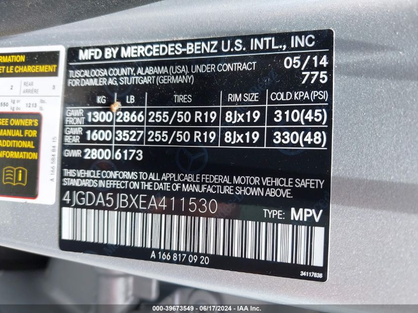 2014 Mercedes-Benz Ml 350 VIN: 4JGDA5JBXEA411530 Lot: 39673549