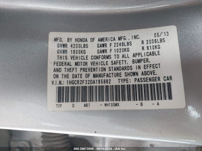 1HGCR2F32DA195892 2013 Honda Accord Lx