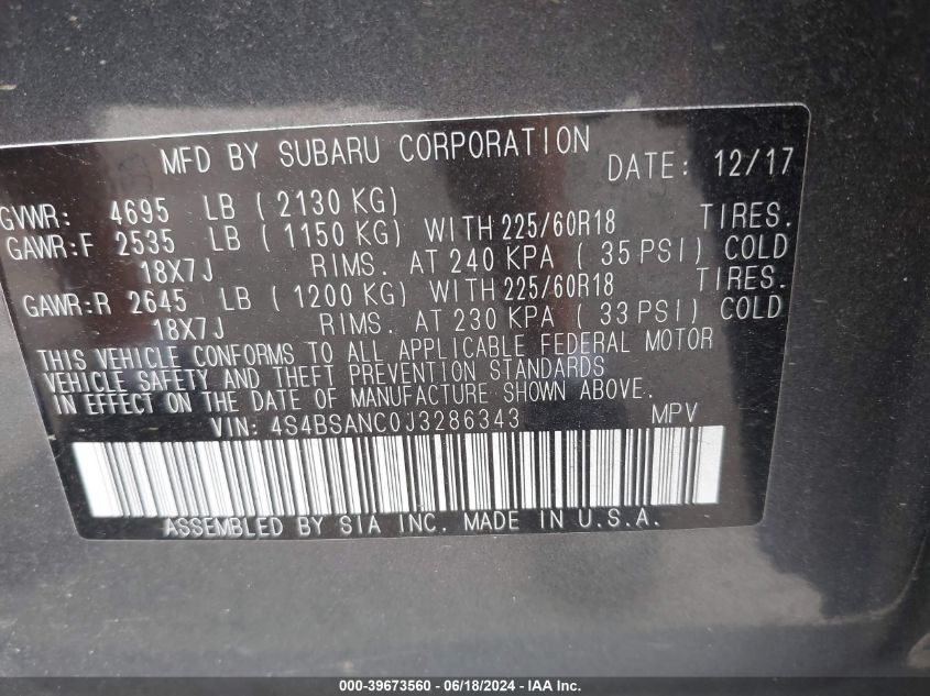 2018 Subaru Outback 2.5I Limited VIN: 4S4BSANC0J3286343 Lot: 39673560