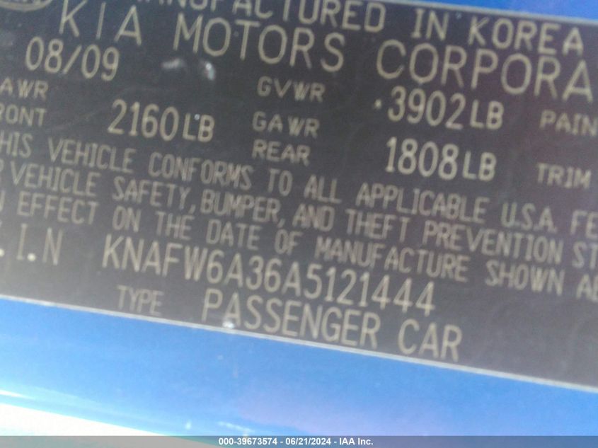 2010 Kia Forte Koup Sx VIN: KNAFW6A36A5121444 Lot: 39673574