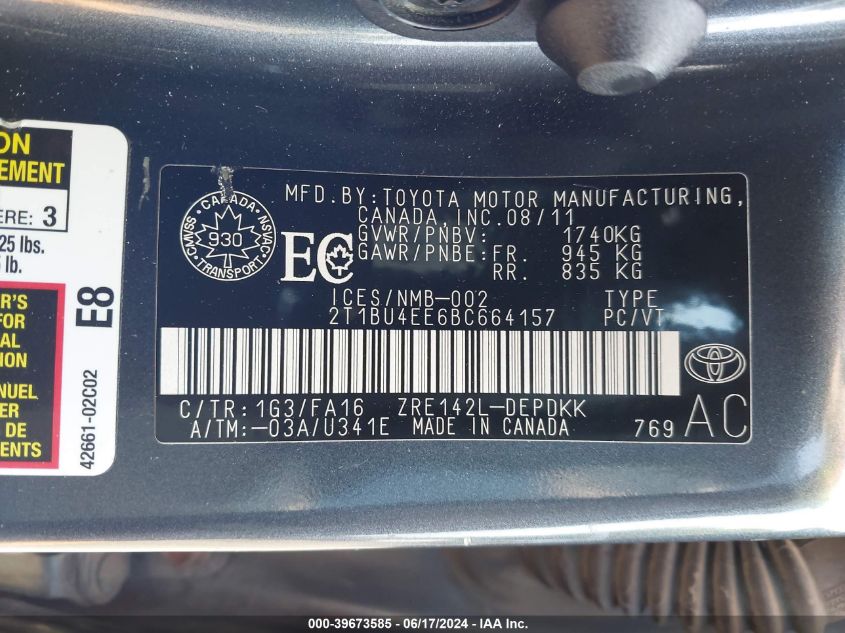 2011 Toyota Corolla Le VIN: 2T1BU4EE6BC664157 Lot: 39673585