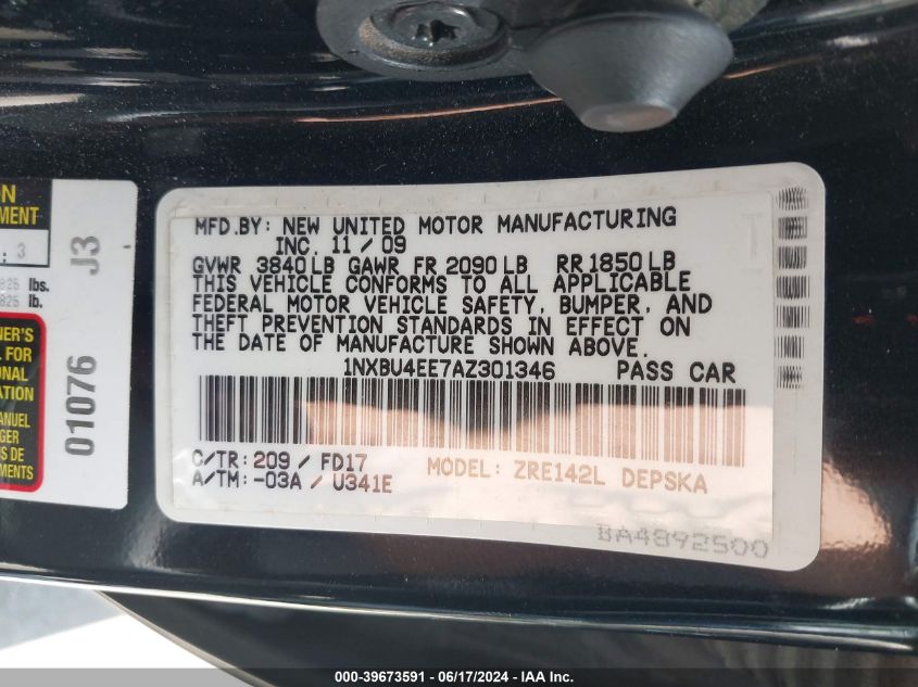 2010 Toyota Corolla S VIN: 1NXBU4EE7AZ301346 Lot: 39673591