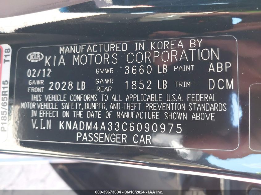 2012 Kia Rio Lx VIN: KNADM4A33C6090975 Lot: 39673604