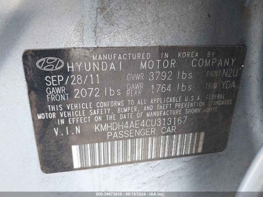 2012 Hyundai Elantra Gls (Ulsan Plant) VIN: KMHDH4AE4CU313167 Lot: 39673610