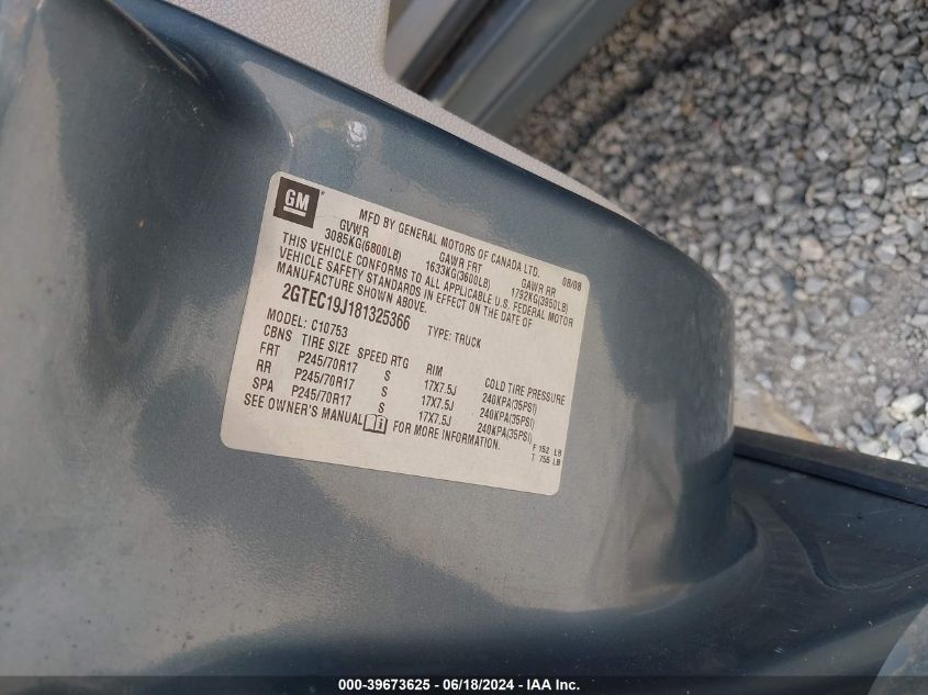 2008 GMC Sierra 1500 Sle1 VIN: 2GTEC19J181325366 Lot: 39673625