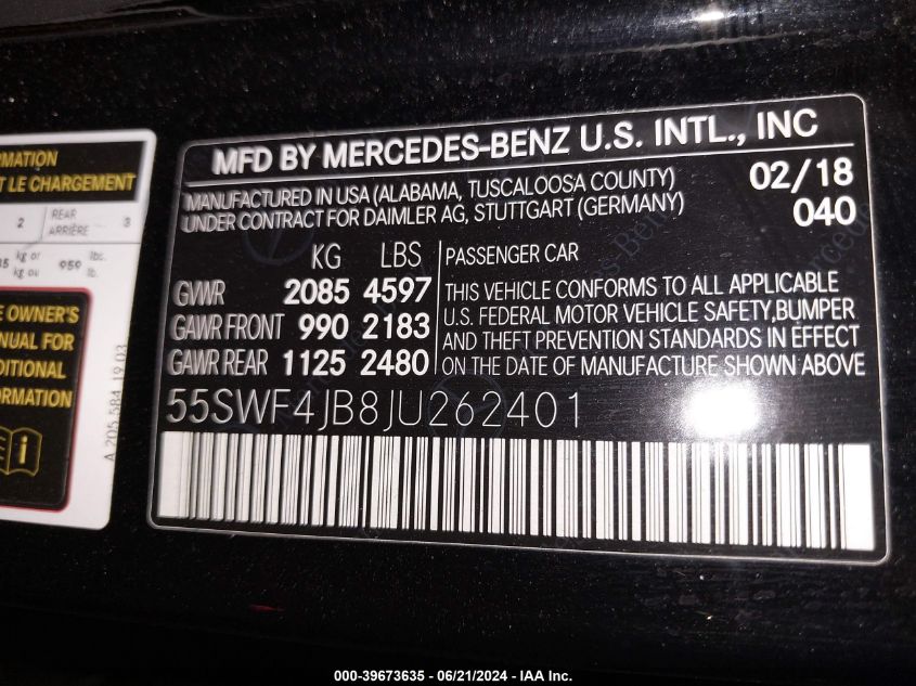 2018 Mercedes-Benz C 300 VIN: 55SWF4JB8JU262401 Lot: 39673635