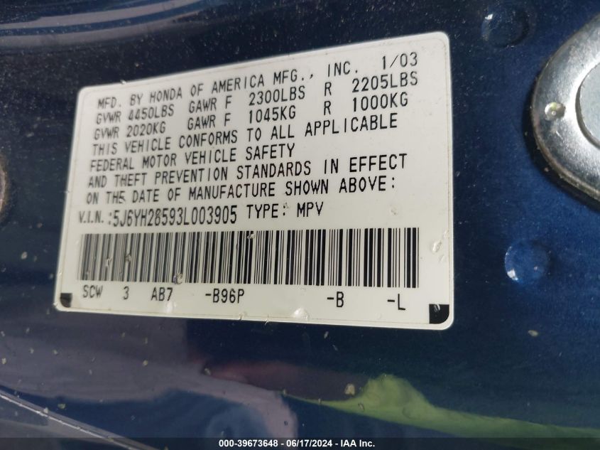 2003 Honda Element Ex VIN: 5J6YH28593L003905 Lot: 39673648