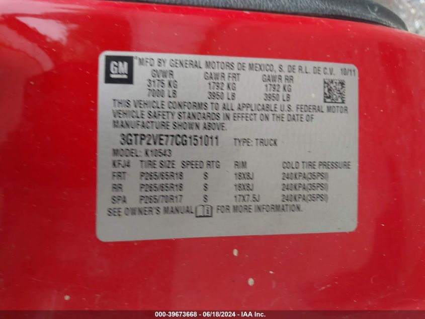 2012 GMC Sierra 1500 Sle VIN: 3GTP2VE77CG151011 Lot: 39673668