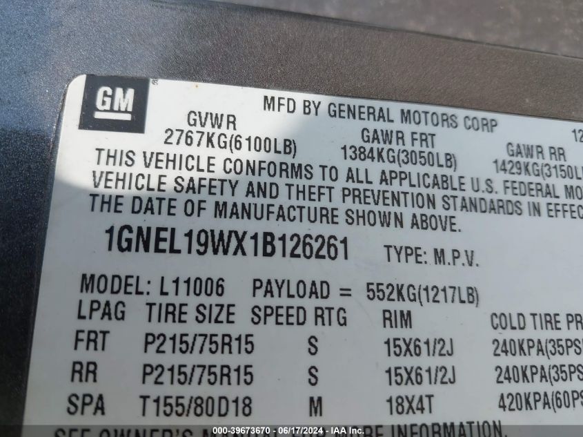 2001 Chevrolet Astro Ls VIN: 1GNEL19WX1B126261 Lot: 39673670