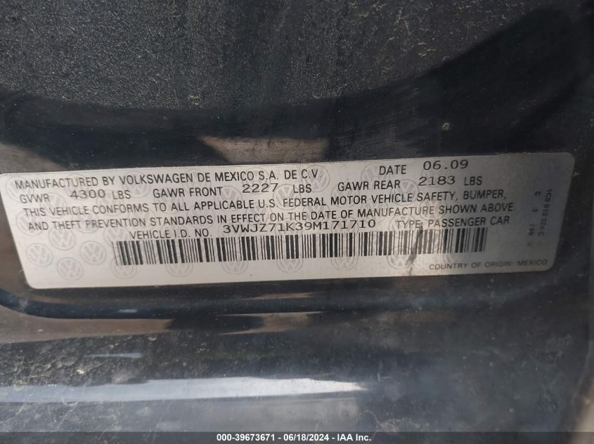 2009 Volkswagen Jetta S VIN: 3VWJZ71K39M171710 Lot: 39673671