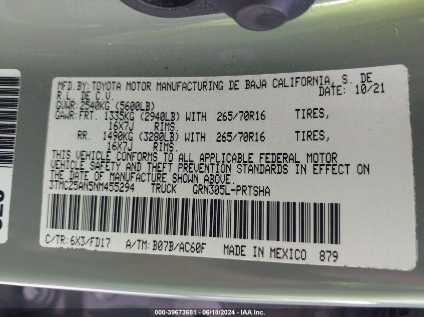 2022 Toyota Tacoma Trd Off Road VIN: 3TMCZ5AN5NM455294 Lot: 39673681