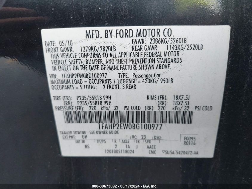 2011 Ford Taurus Sel VIN: 1FAHP2EW0BG100977 Lot: 39673692