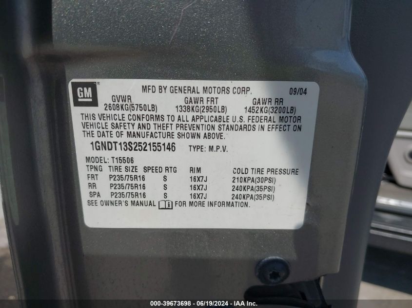 2005 Chevrolet Trailblazer Ls VIN: 1GNDT13S252155146 Lot: 39673698