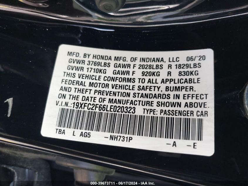 2020 Honda Civic Lx VIN: 19XFC2F66LE020323 Lot: 39673711