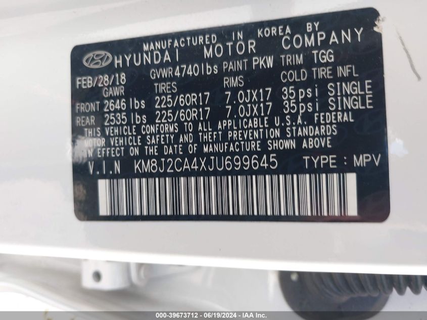 2018 Hyundai Tucson Se VIN: KM8J2CA4XJU699645 Lot: 39673712