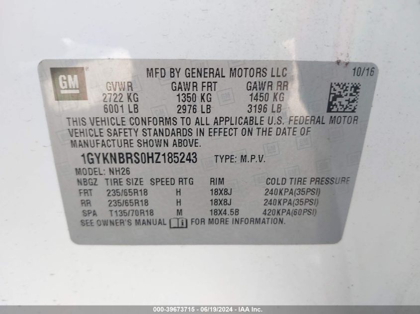 2017 Cadillac Xt5 Luxury VIN: 1GYKNBRS0HZ185243 Lot: 39673715