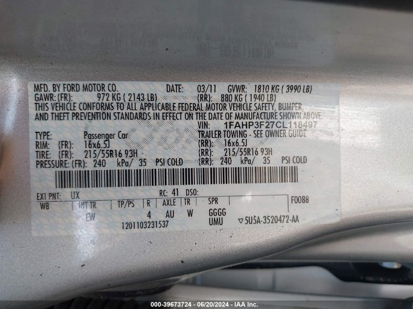 2012 Ford Focus Se VIN: 1FAHP3F27CL118497 Lot: 39673724