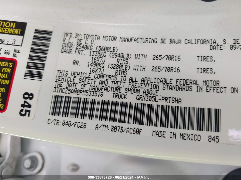 2023 Toyota Tacoma Trail Edition VIN: 3TMCZ5AN0PM533578 Lot: 39673726