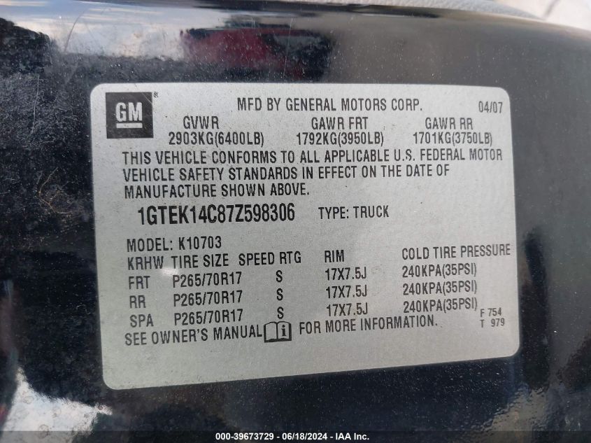2007 GMC Sierra 1500 Work Truck VIN: 1GTEK14C87Z598306 Lot: 39673729