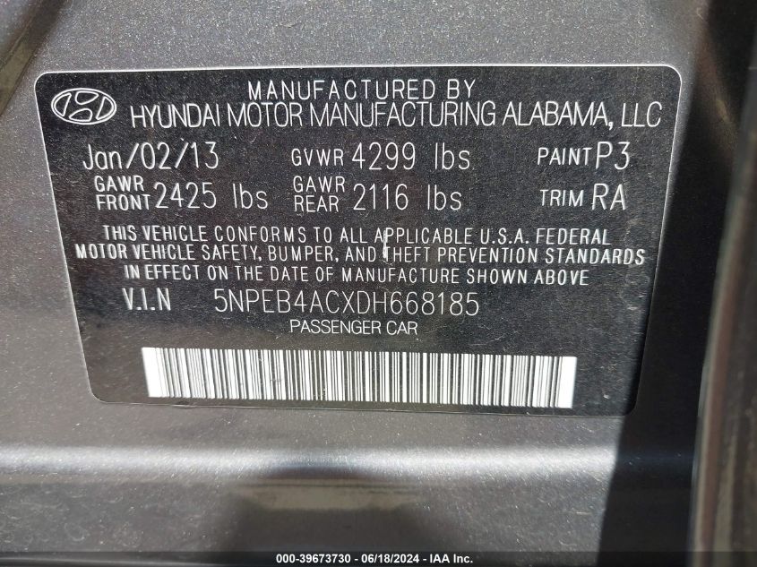 2013 Hyundai Sonata Gls VIN: 5NPEB4ACXDH668185 Lot: 39673730