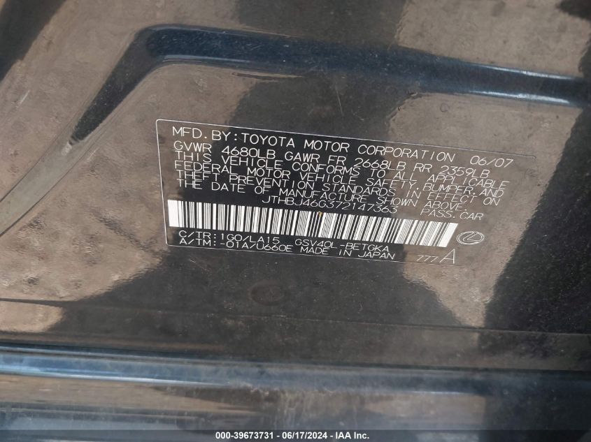 2007 Lexus Es 350 VIN: JTHBJ46G372147363 Lot: 39673731