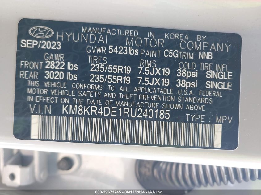 2024 Hyundai Ioniq 5 Limited VIN: KM8KR4DE1RU240185 Lot: 39673745