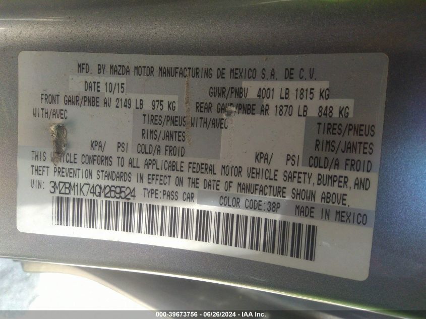 2016 Mazda Mazda3 I Sport VIN: 3MZBM1K74GM269524 Lot: 39673756
