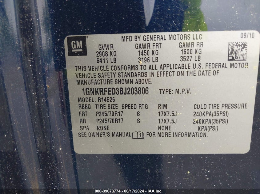 2011 Chevrolet Traverse Ls VIN: 1GNKRFED3BJ203806 Lot: 39673774