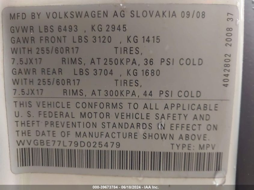 2009 Volkswagen Touareg 2 Vr6 Fsi VIN: WVGBE77L79D025479 Lot: 39673784