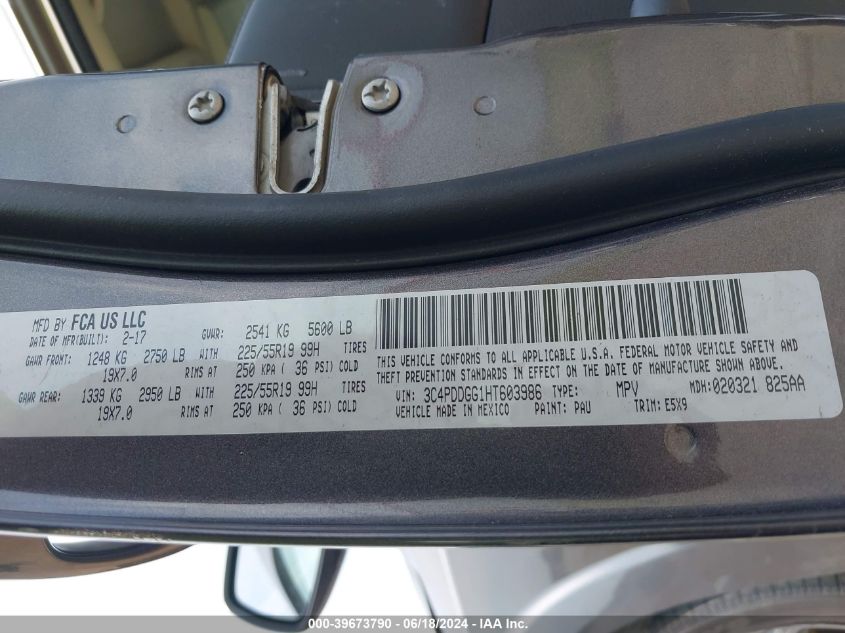 2017 Dodge Journey Crossroad Awd VIN: 3C4PDDGG1HT603986 Lot: 39673790