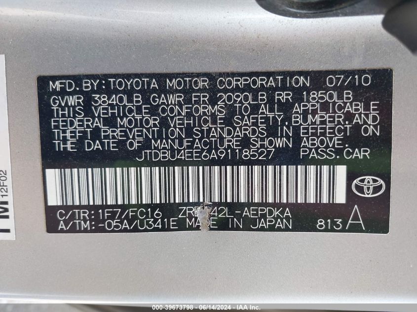 2010 Toyota Corolla Le VIN: JTDBU4EE6A9118527 Lot: 39673798