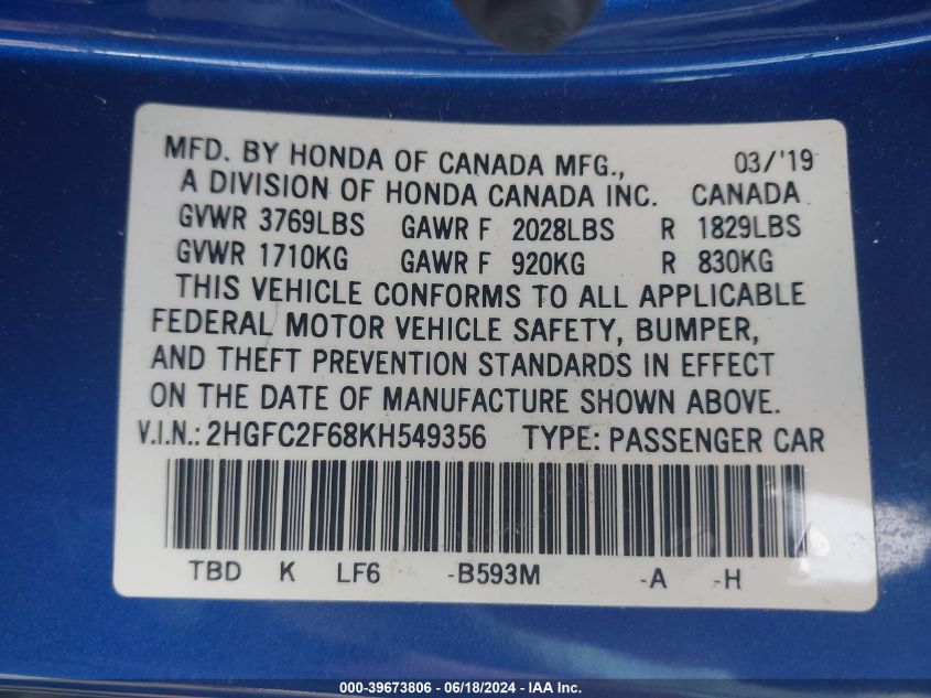 2019 Honda Civic Lx VIN: 2HGFC2F68KH549356 Lot: 39673806