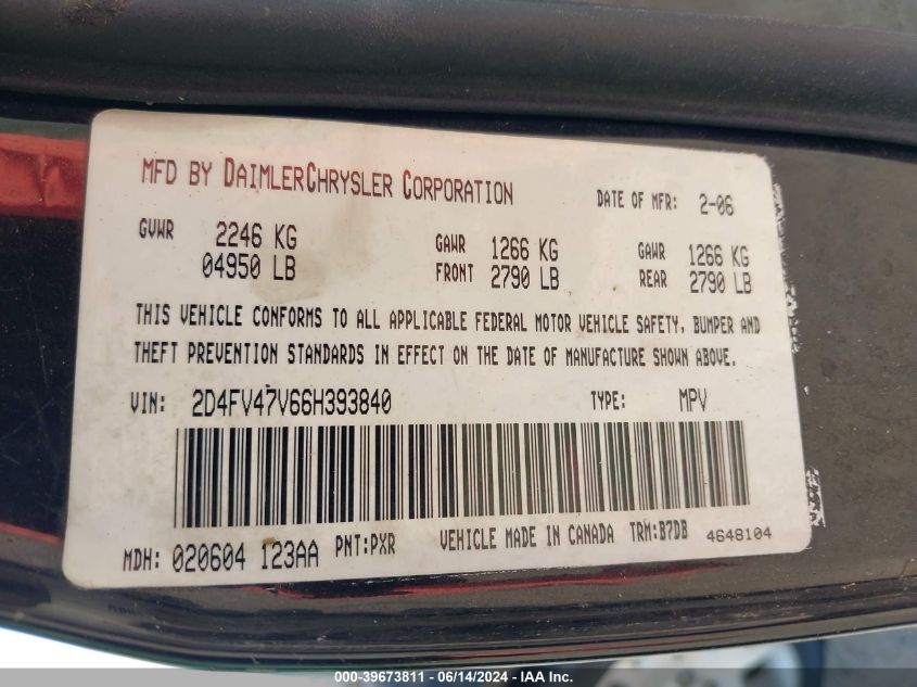 2006 Dodge Magnum VIN: 2D4FV47V66H393840 Lot: 39673811