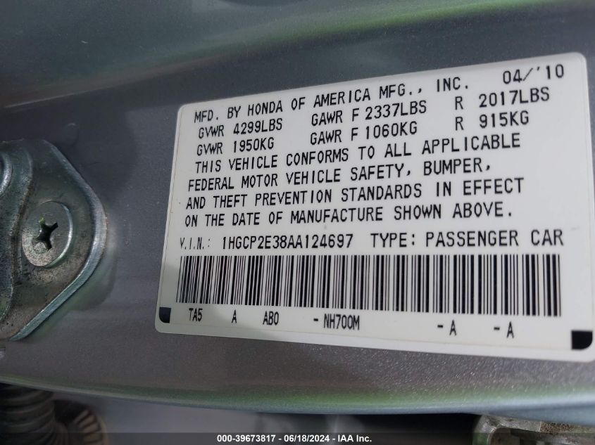 2010 Honda Accord 2.4 Lx VIN: 1HGCP2E38AA124697 Lot: 39673817