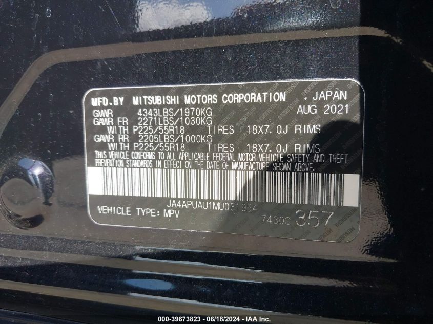 2021 Mitsubishi Outlander Sport 2.0 Be 2Wd/2.0 Es 2Wd/2.0 Le 2Wd/2.0 S 2Wd VIN: JA4APUAU1MU031954 Lot: 39673823