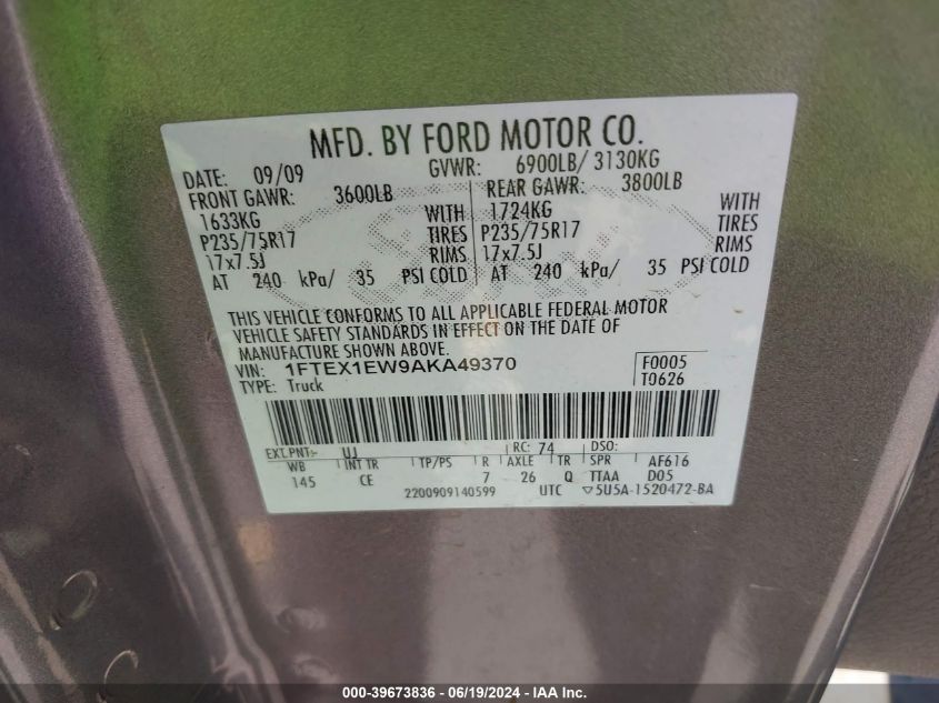 2010 Ford F-150 Stx/Xl VIN: 1FTEX1EW9AKA49370 Lot: 39673836