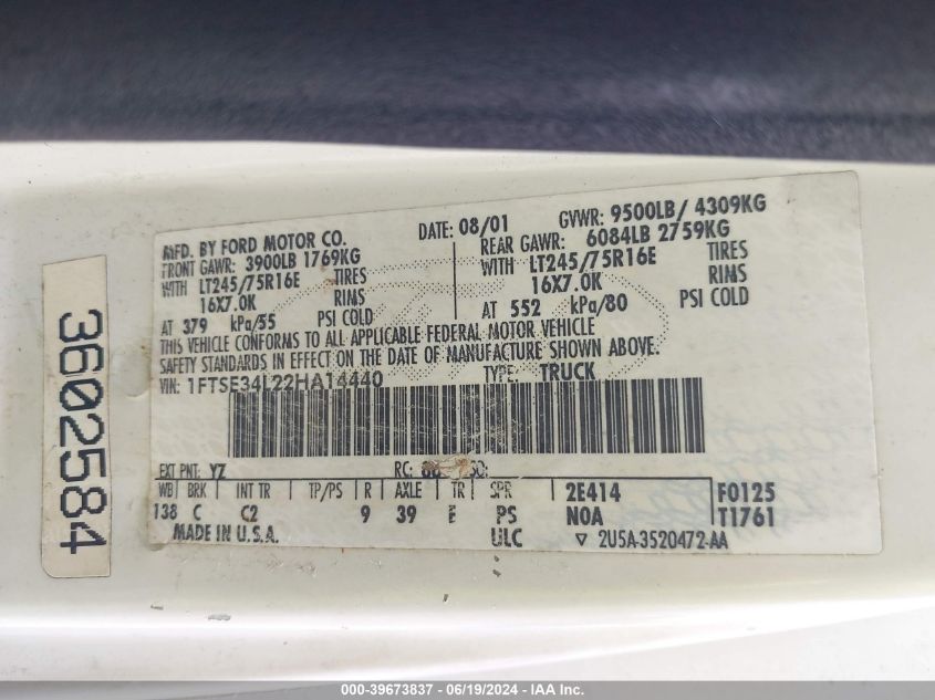 2002 Ford E-350 Super Duty Commercial/Recreational VIN: 1FTSE34L22HA14440 Lot: 39673837