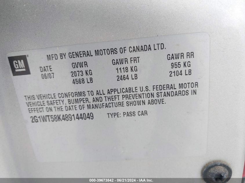 2008 Chevrolet Impala Lt VIN: 2G1WT58K489144049 Lot: 39673842
