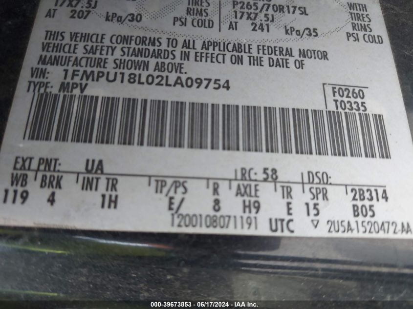 2002 Ford Expedition Eddie Bauer VIN: 1FMPU18L02LA09754 Lot: 39673853
